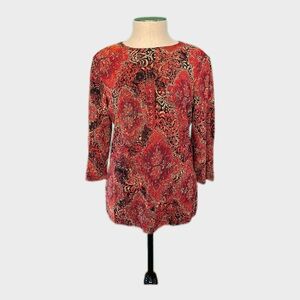 Red Black Paisley Blouse 3/4 Sleeve Top by JM Collection Petite Medium 🌹✨